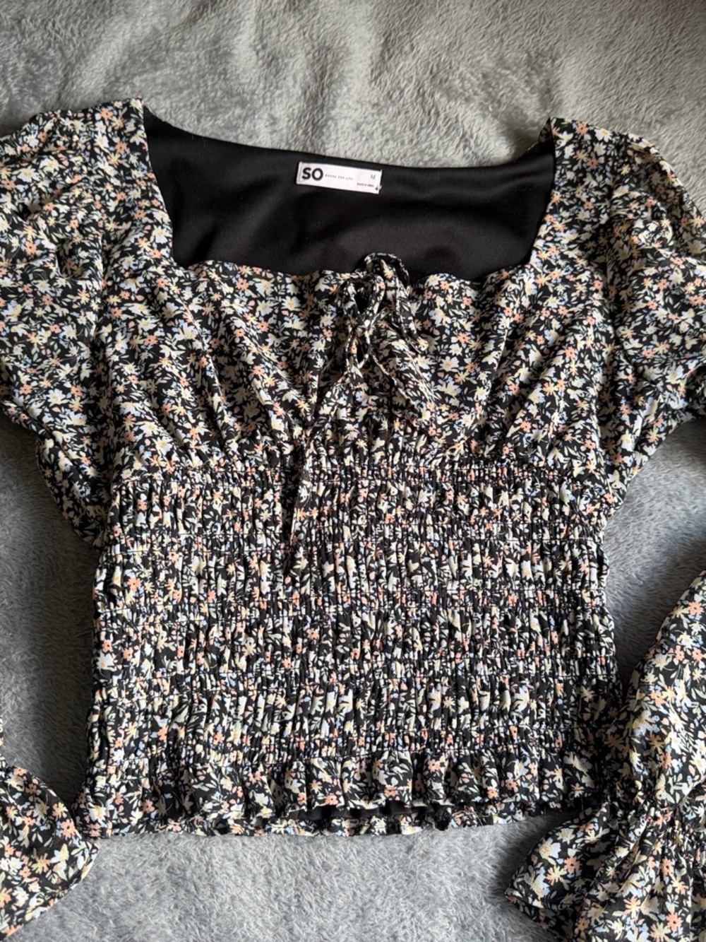 Black Floral Smocked Crop Top with Tie Neck